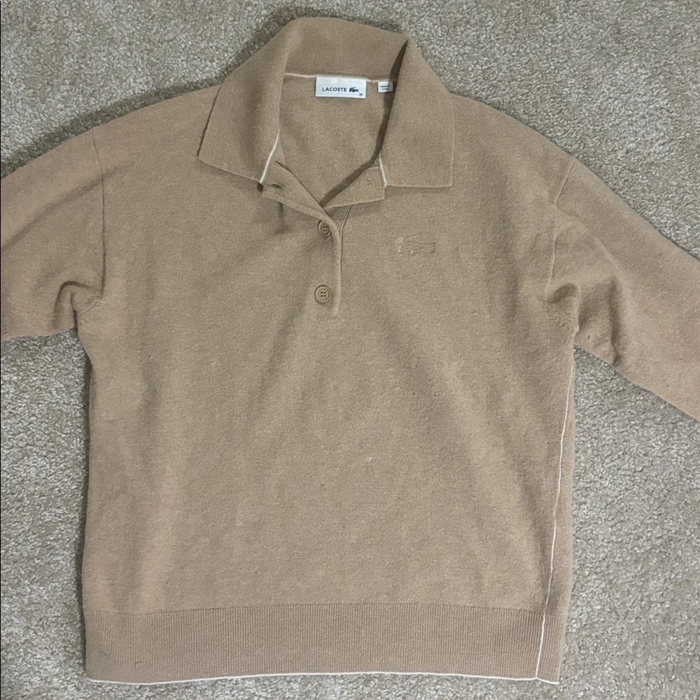 Lacoste 100% Wool Tan Long Sleeve Polo Sweater